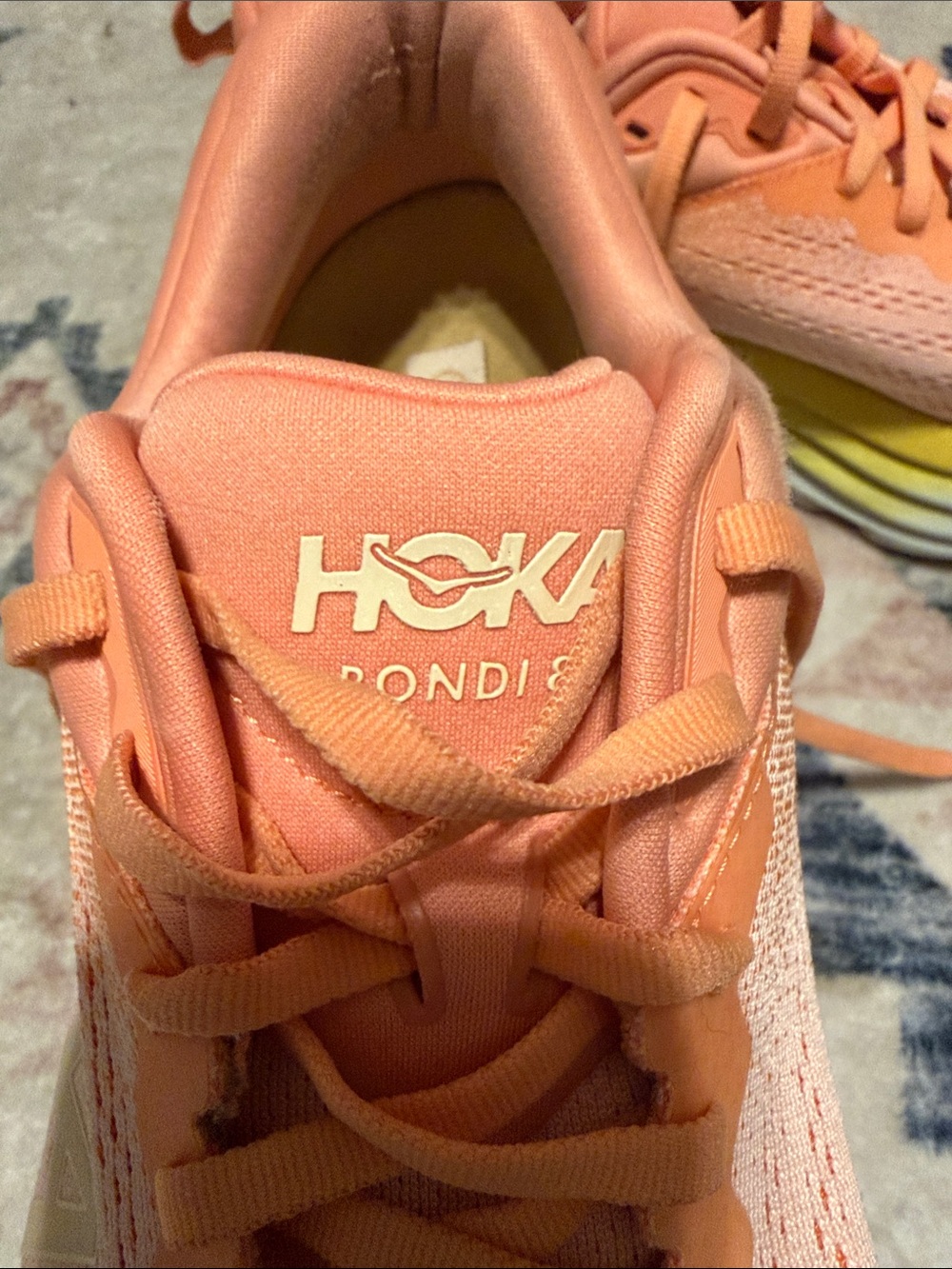 Hoka Bondi 8 Coral Peach & Yellow Performance Running Shoes 9 B - Picture 3 of 8